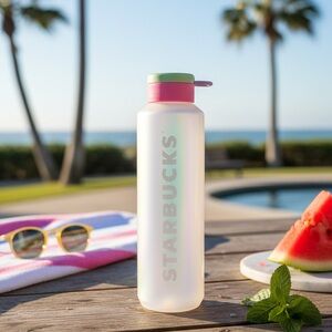 NWT Starbucks 2023 Summer Party Iridescent Water Bottle 24 Oz Pink Green Venti